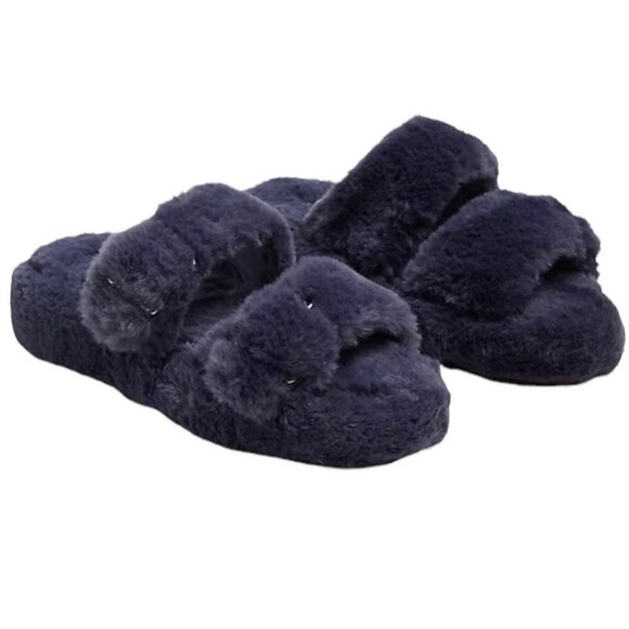 Torrid Women's New Navy Blue Double Band Faux Fur Slipper Sz 11 Extra Wide Width - Picture 1 of 8